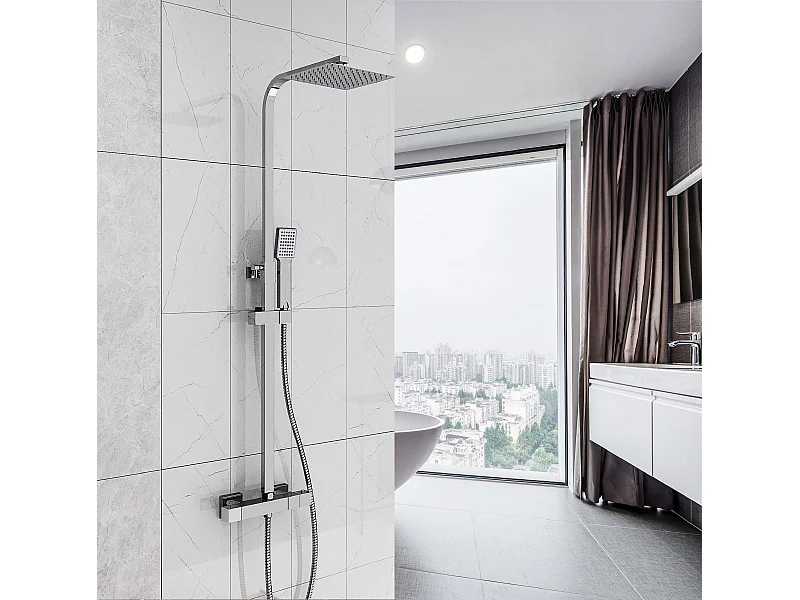 Aica columna de ducha termostática cuadrada plata alcachofa de ducha con barra de acero inoxidable