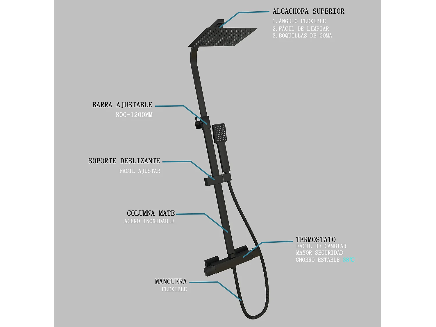 Coluna de chuveiro Aica preto fosco com termostato quadrado 38℃ trilho 800-1200mm chuveiro de chuva
