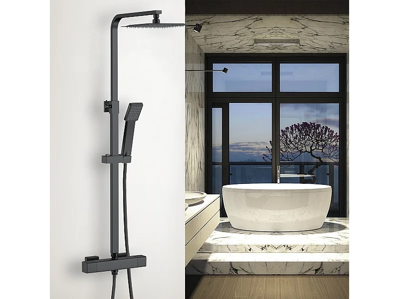 Aica columna de ducha termostática negro mate cuadrada barra 764-1184mm alcachofa de para baño