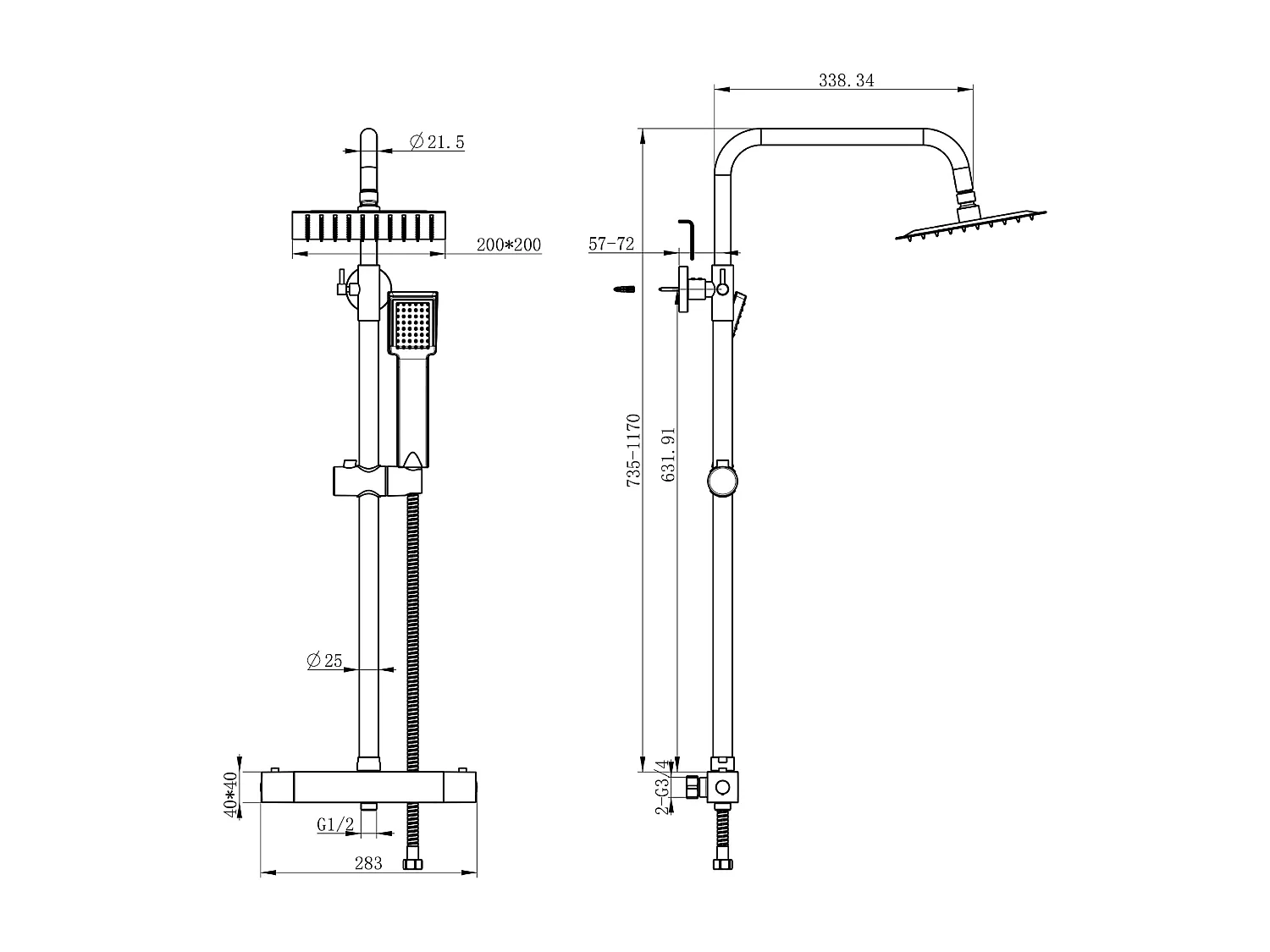 Coluna de chuveiro termostático Aica com termostato preto fosco com barra quadrada 764-1184mm chuveiro de banho