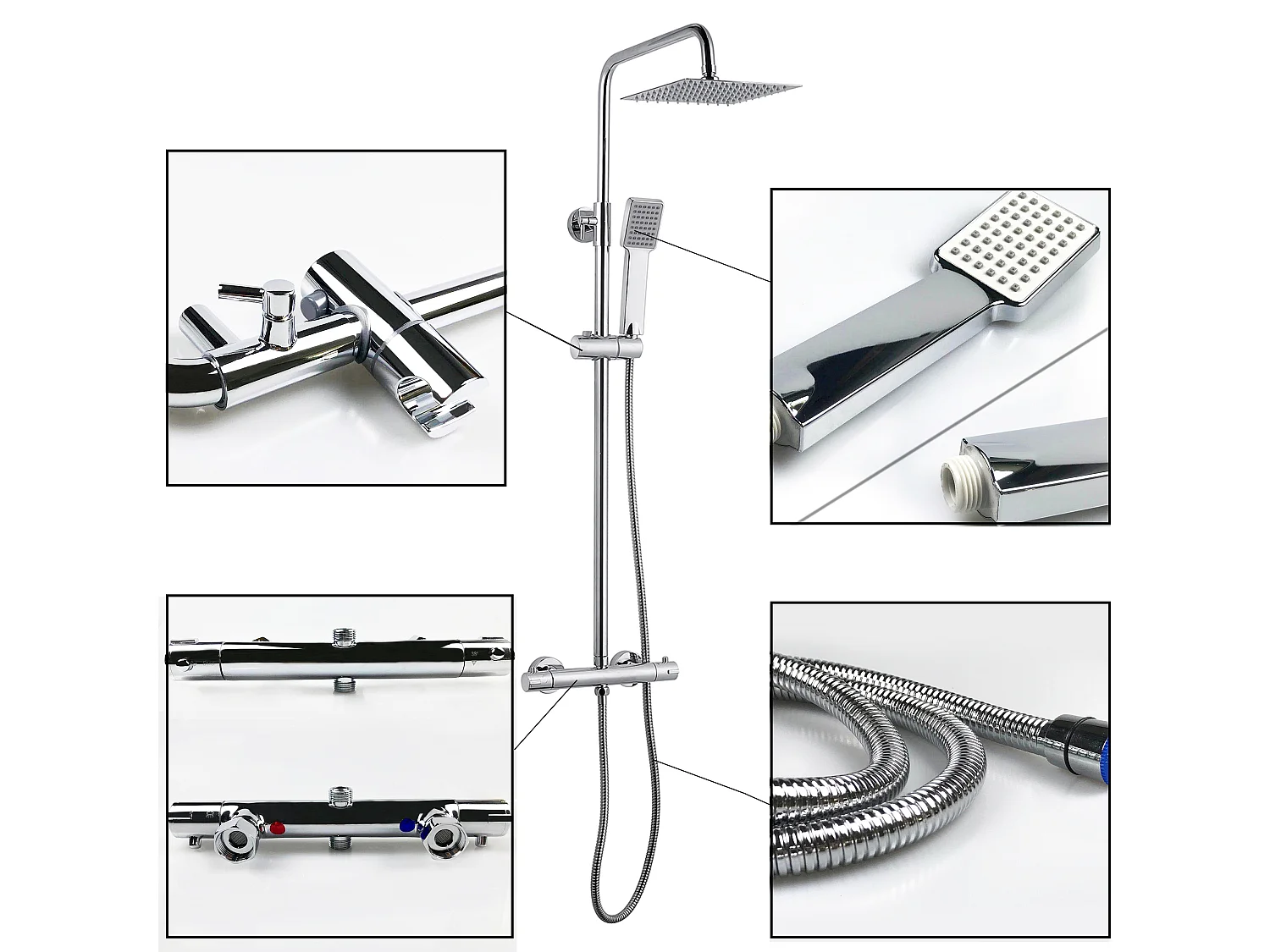 Aica columna ducha termostática 80-116cm sin grifo con alcachofa de ducha cuadrada rociador de mano