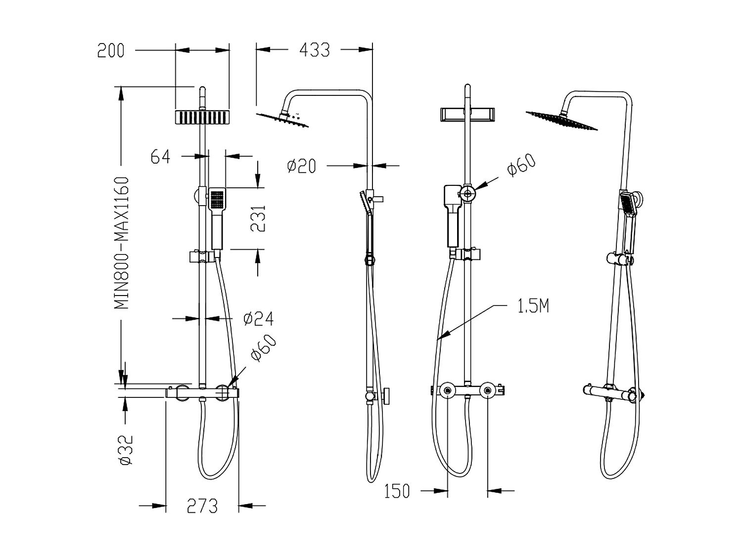 Aica columna ducha termostática 80-116cm sin grifo con alcachofa de ducha cuadrada rociador de mano