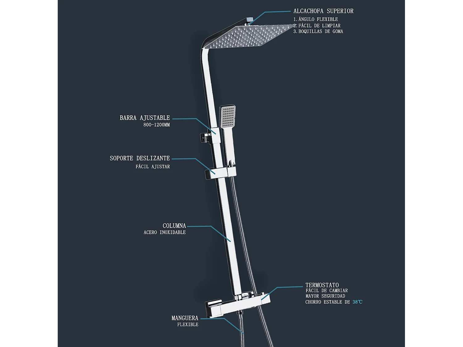 Aica columna ducha termostática en cromo ajustable 80-120cm alcachofa superior para baño
