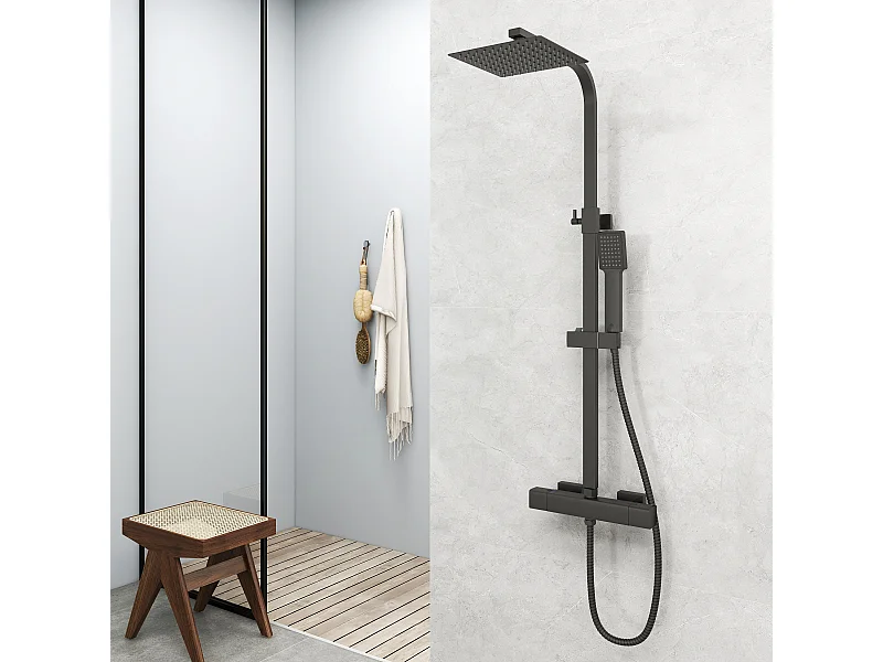 Aica columna ducha termostato negro mate cuadrada 764-1184mm alcachofa de para baño