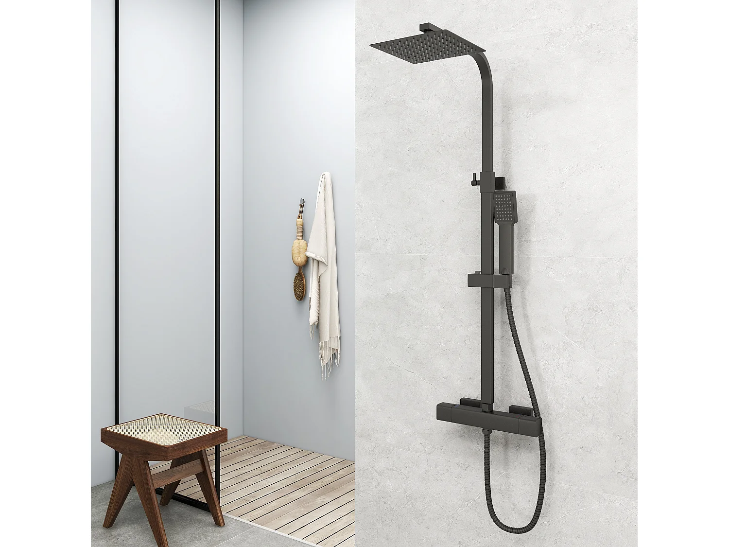 Aica coluna de chuveiro termostática termostática preta fosca quadrada 764-1184mm cabeça de chuveiro para banho