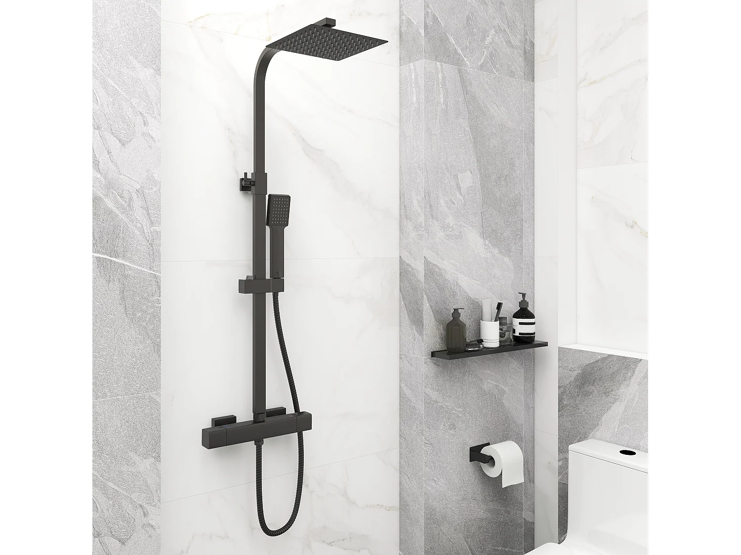 Aica columna de ducha termostática negro mate cuadrada barra 764-1184mm