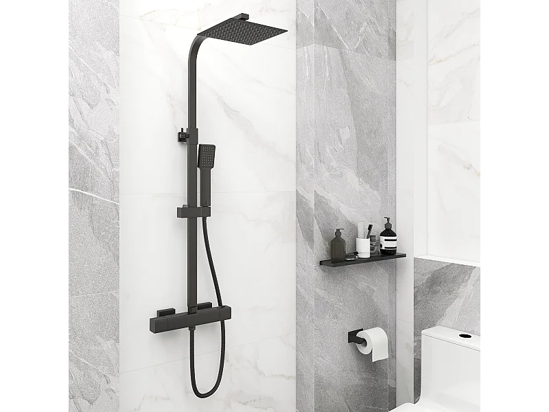 Aica columna de ducha termostática negro mate cuadrada barra 764-1184mm