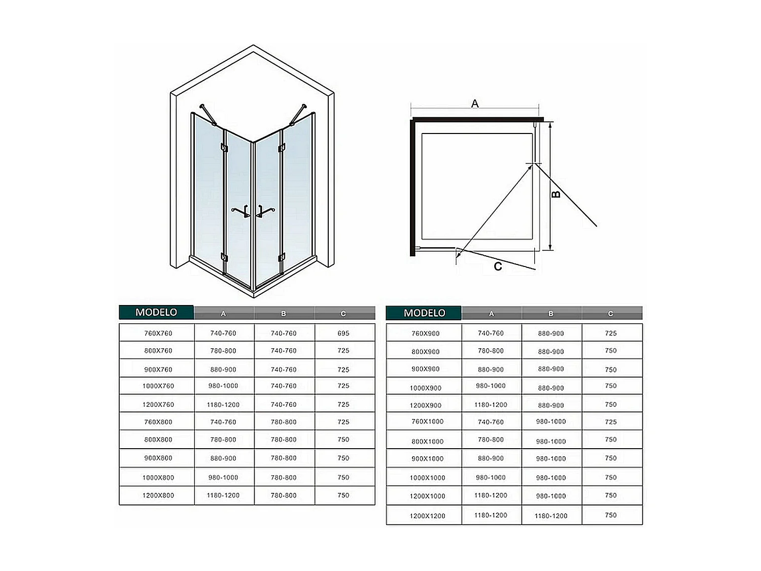 Mampara de ducha cuadrada abatible vidrio antical 8mm (980-1000)x(980-1000)x1900mm