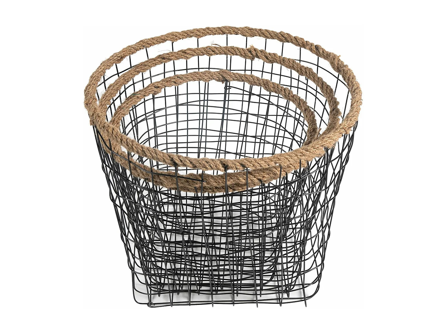 Lot de 3 paniers SINO corbeilles rondes de tailles différentes, en métal noir et chanvre tressé