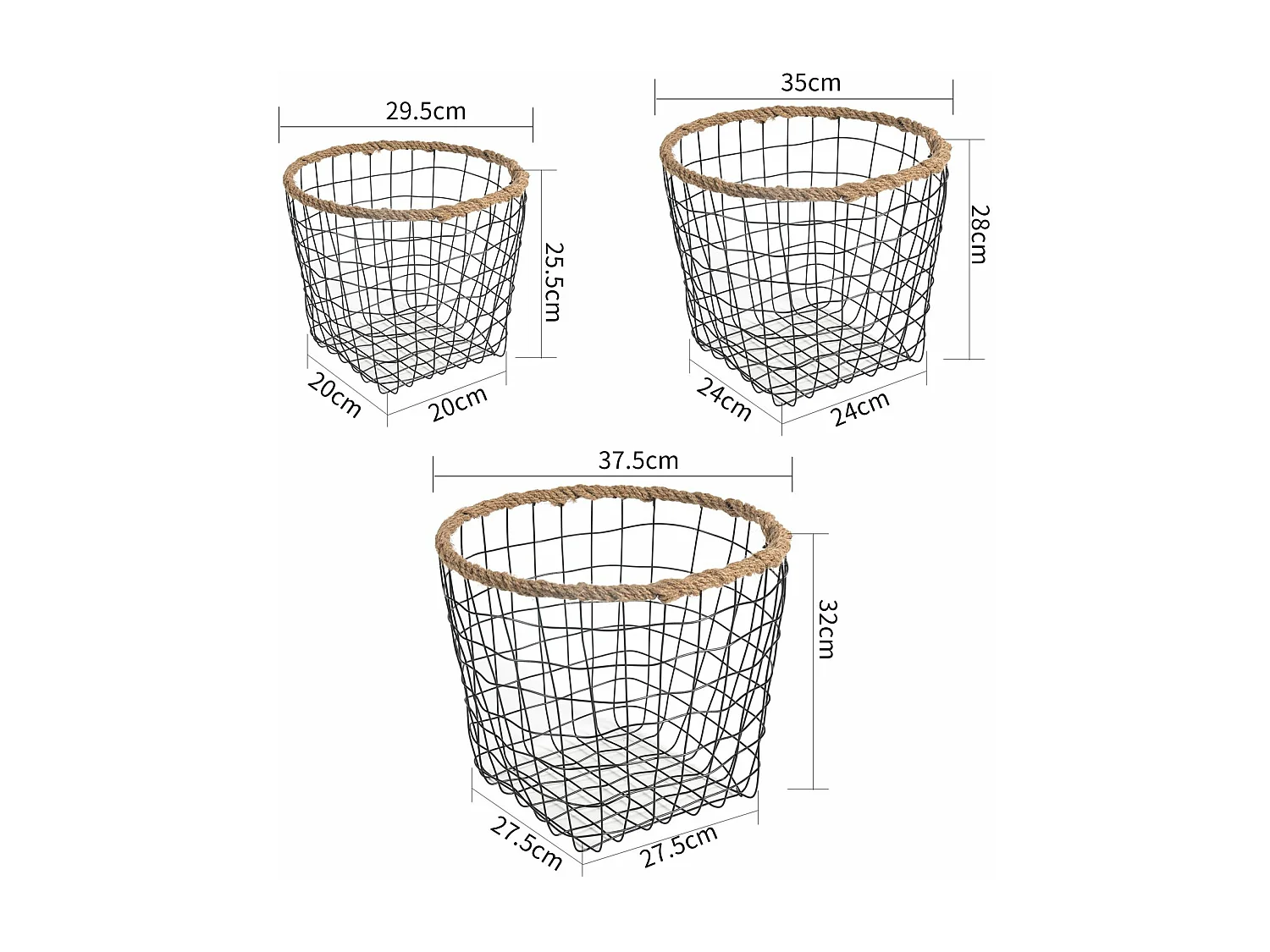 Lot de 3 paniers SINO corbeilles rondes de tailles différentes, en métal noir et chanvre tressé