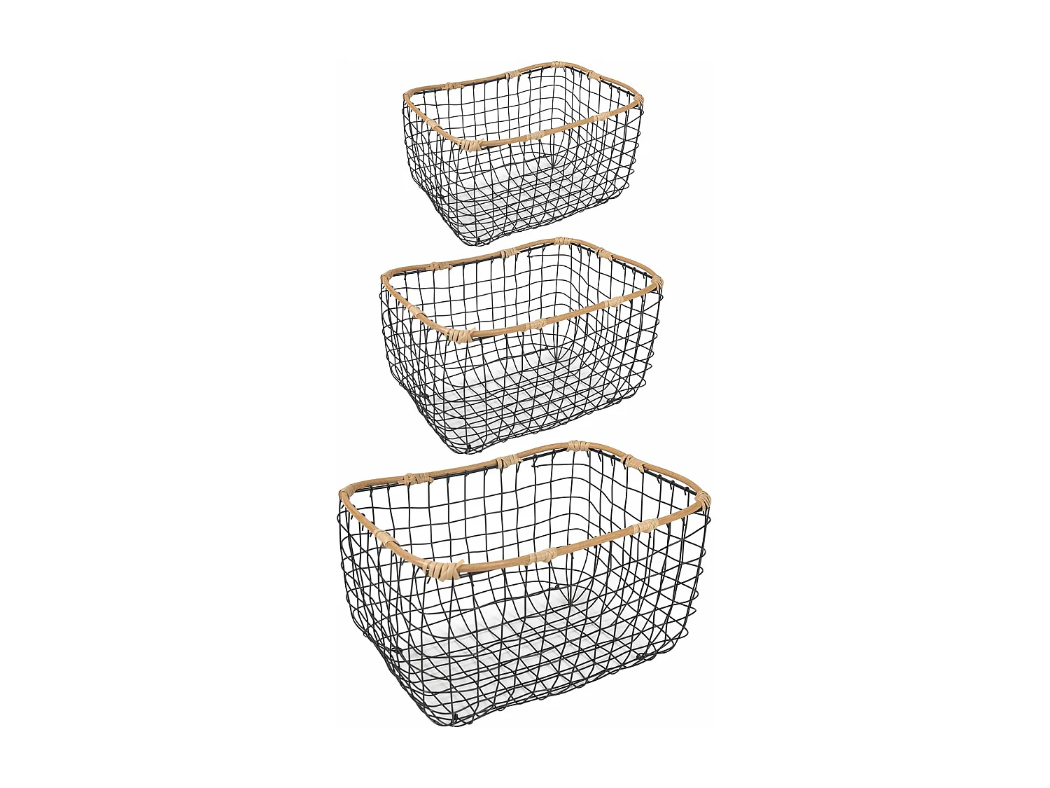 Lot de 3 paniers JIMO corbeilles retangulaires de tailles différentes, en métal noir et rotin synthétique