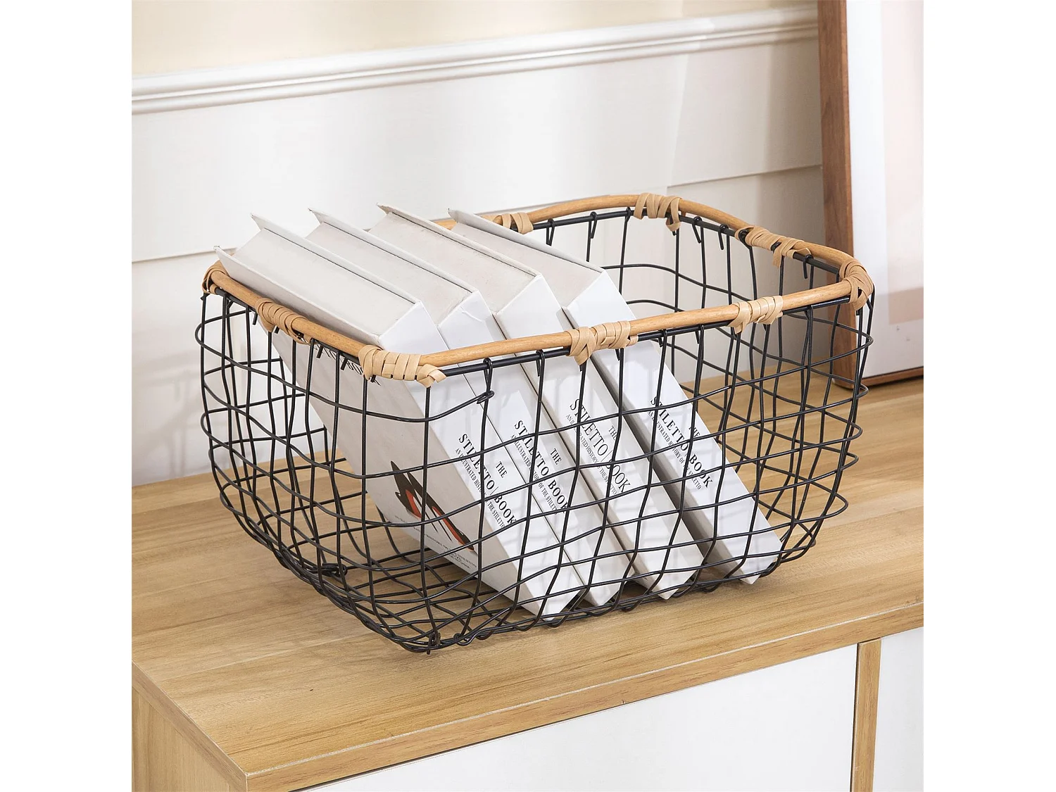 Lot de 3 paniers JIMO corbeilles retangulaires de tailles différentes, en métal noir et rotin synthétique