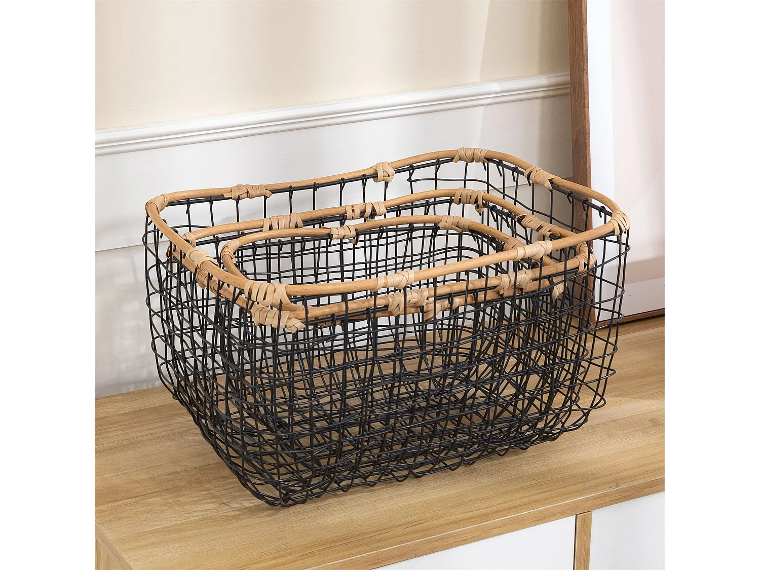 Lot de 3 paniers JIMO corbeilles retangulaires de tailles différentes, en métal noir et rotin synthétique