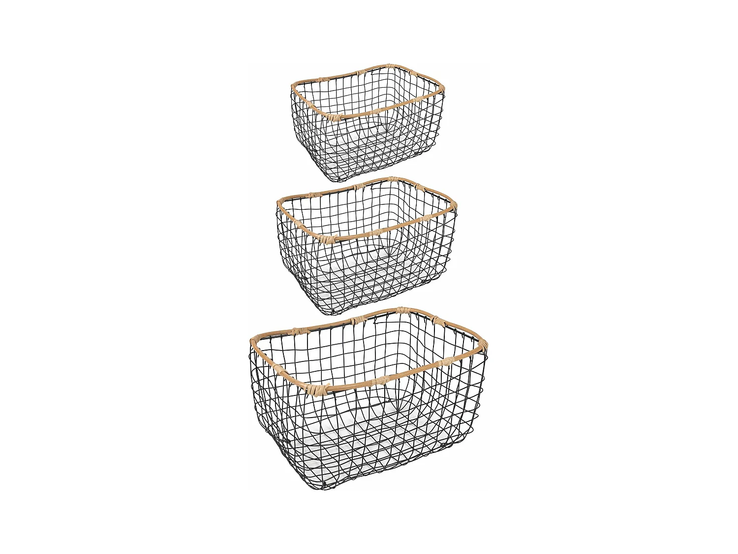 Lot de 3 paniers JIMO corbeilles retangulaires de tailles différentes, en métal noir et rotin synthétique