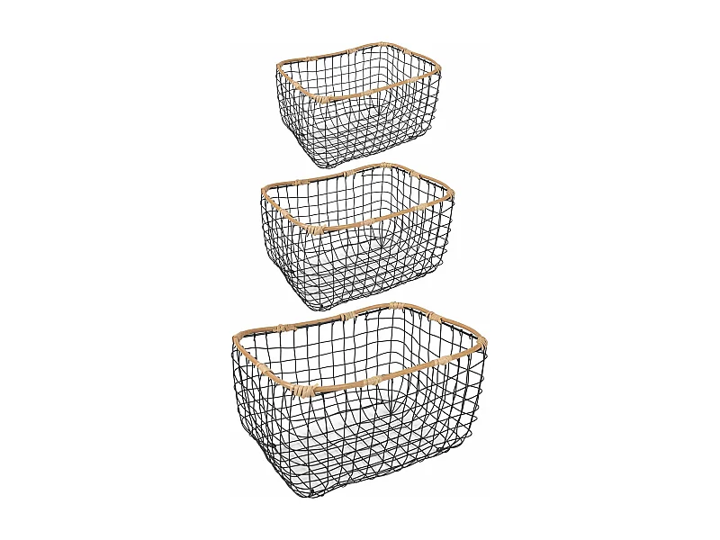 Lot de 3 paniers JIMO corbeilles retangulaires de tailles différentes, en métal noir et rotin synthétique