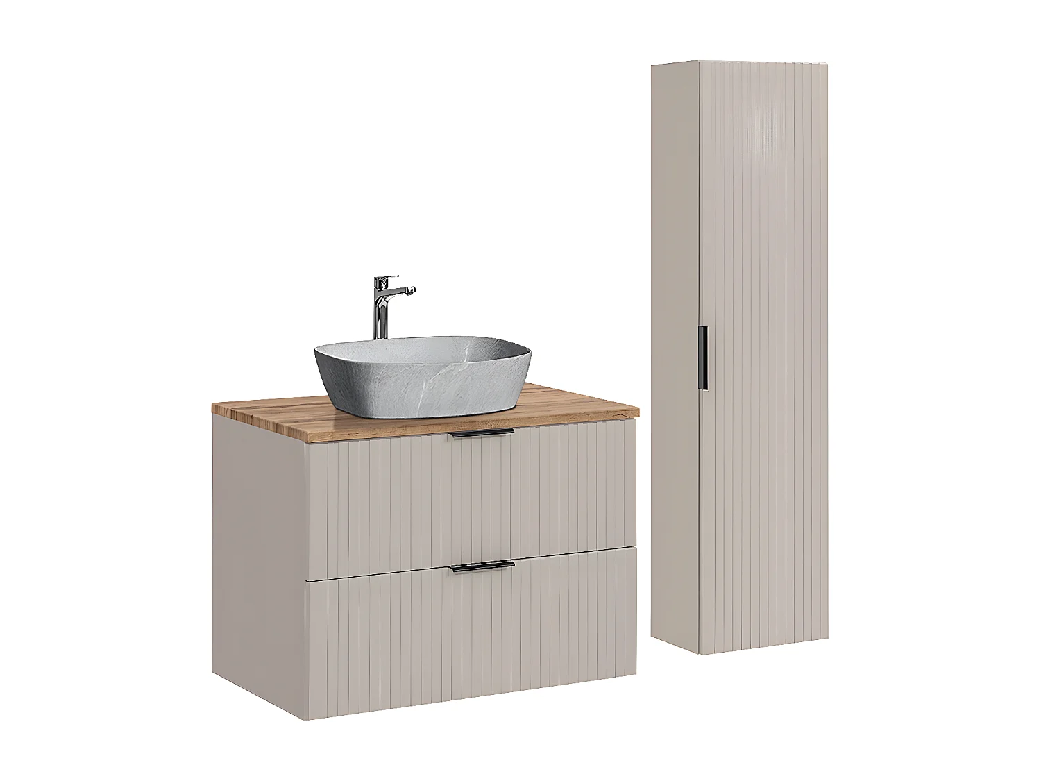 Conjunto de muebles con lavabo individual 80 cm y columna Adriel Cachemira Madera y imitación Piedra