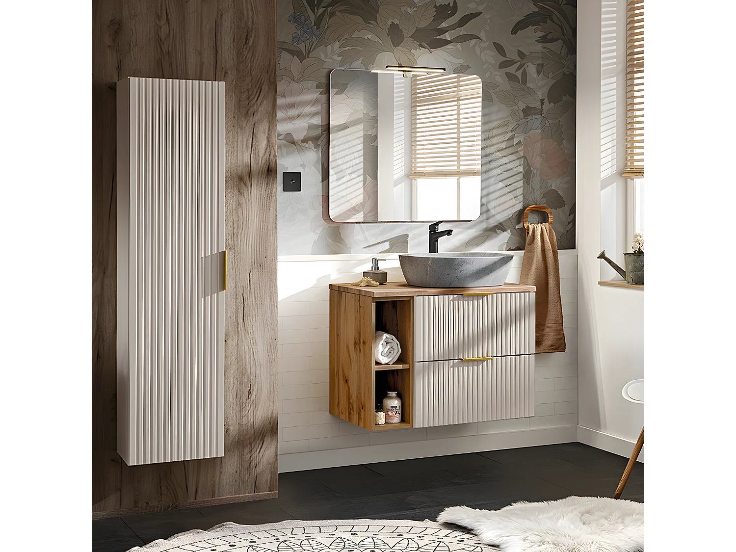 Ensemble meuble simple vasque 80cm 2 niches et colonne Adriel Cachemire Bois et effet Pierre