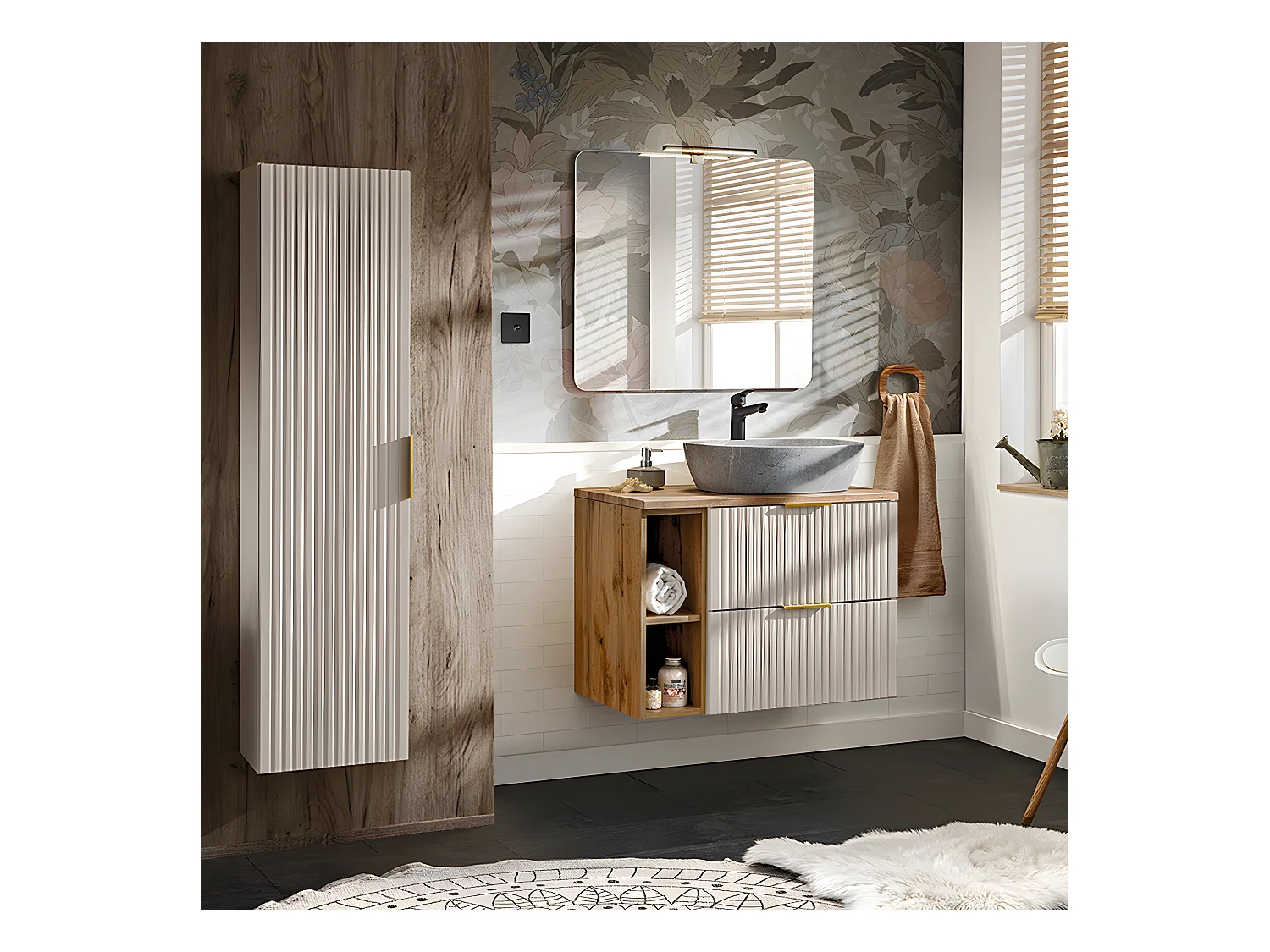Ensemble meuble simple vasque 80cm 2 niches et colonne Adriel Cachemire Bois et effet Pierre