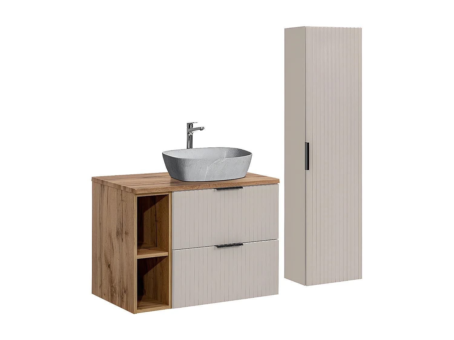 Conjunto de muebles con lavabo individual 80cm 2 compartimientos y columna Adriel Cachemira Madera y imitación Piedra