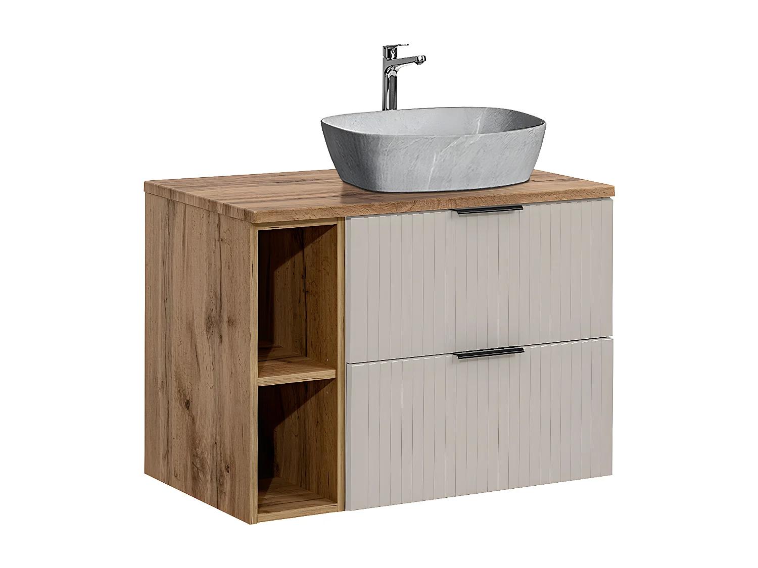 Conjunto de muebles con lavabo individual 80cm 2 compartimientos y columna Adriel Cachemira Madera y imitación Piedra