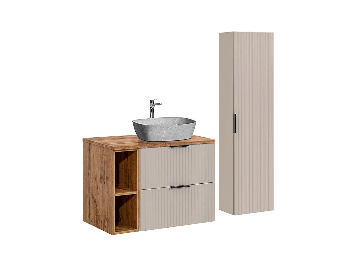 Ensemble meuble simple vasque 80cm 2 niches et colonne Adriel Cachemire Bois et effet Pierre