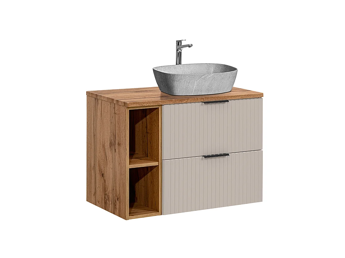 Ensemble meuble simple vasque 80cm 2 niches et colonne Adriel Cachemire Bois et effet Pierre
