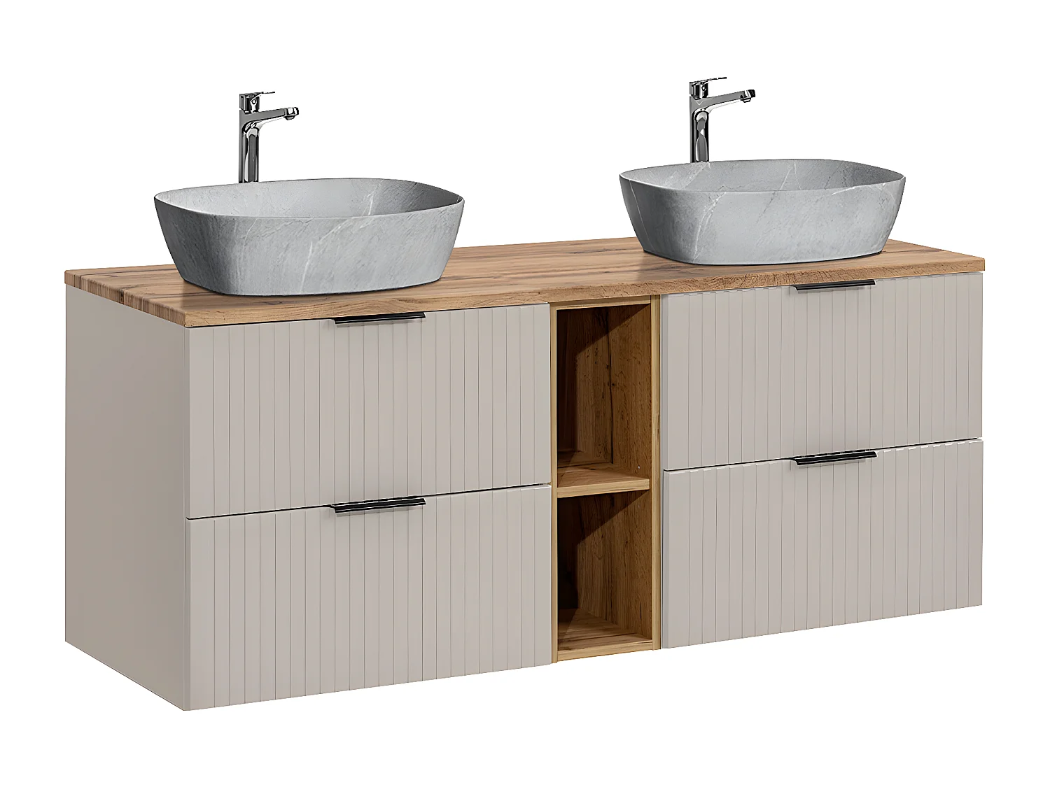 Ensemble meuble double vasque 140cm 2 niches et colonne Adriel Cachemire Bois et effet Pierre