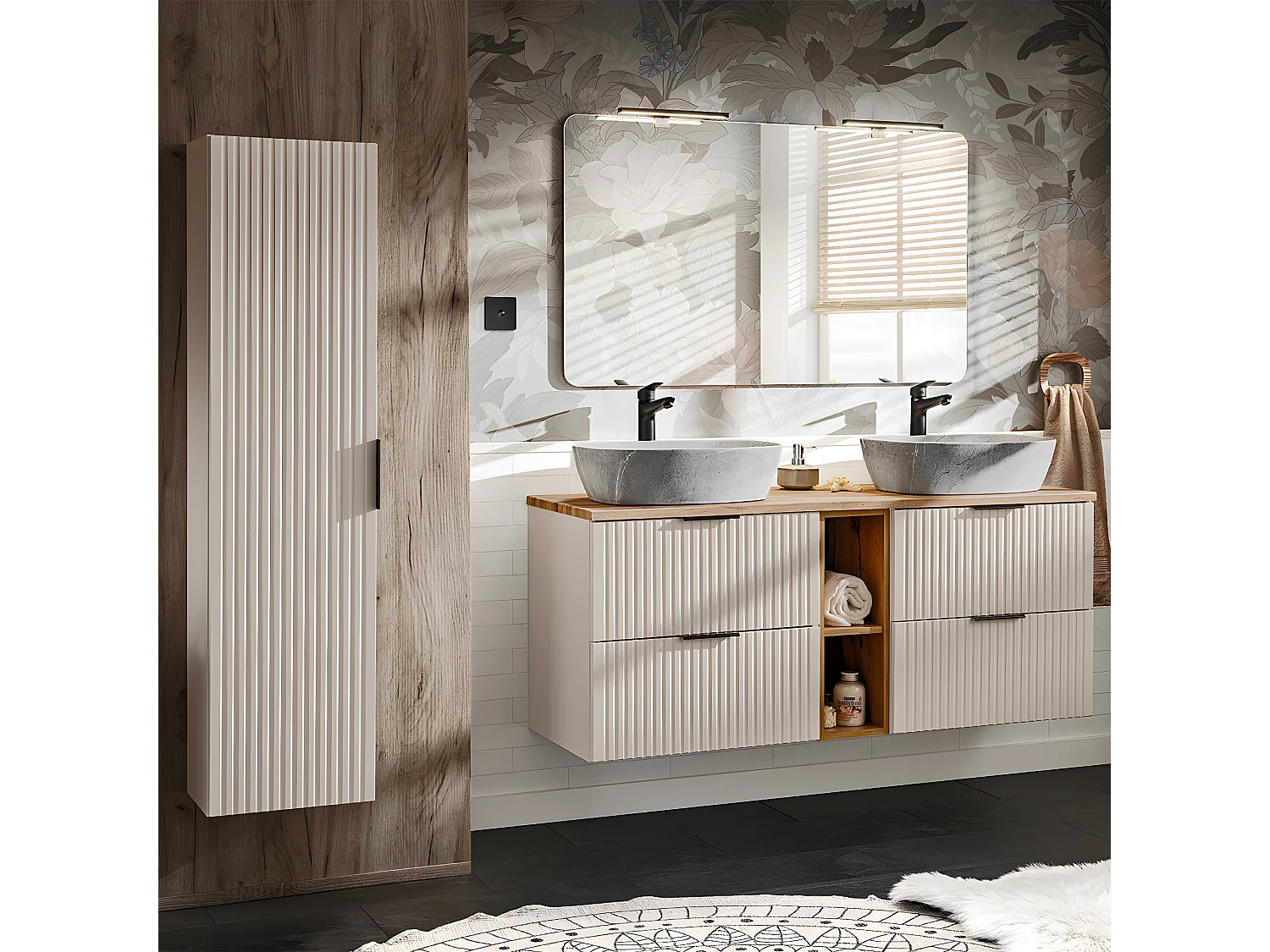Conjunto de muebles con doble lavabo 140cm 2 compartimientos y columna Adriel Cachemira Madera y imitación Piedra