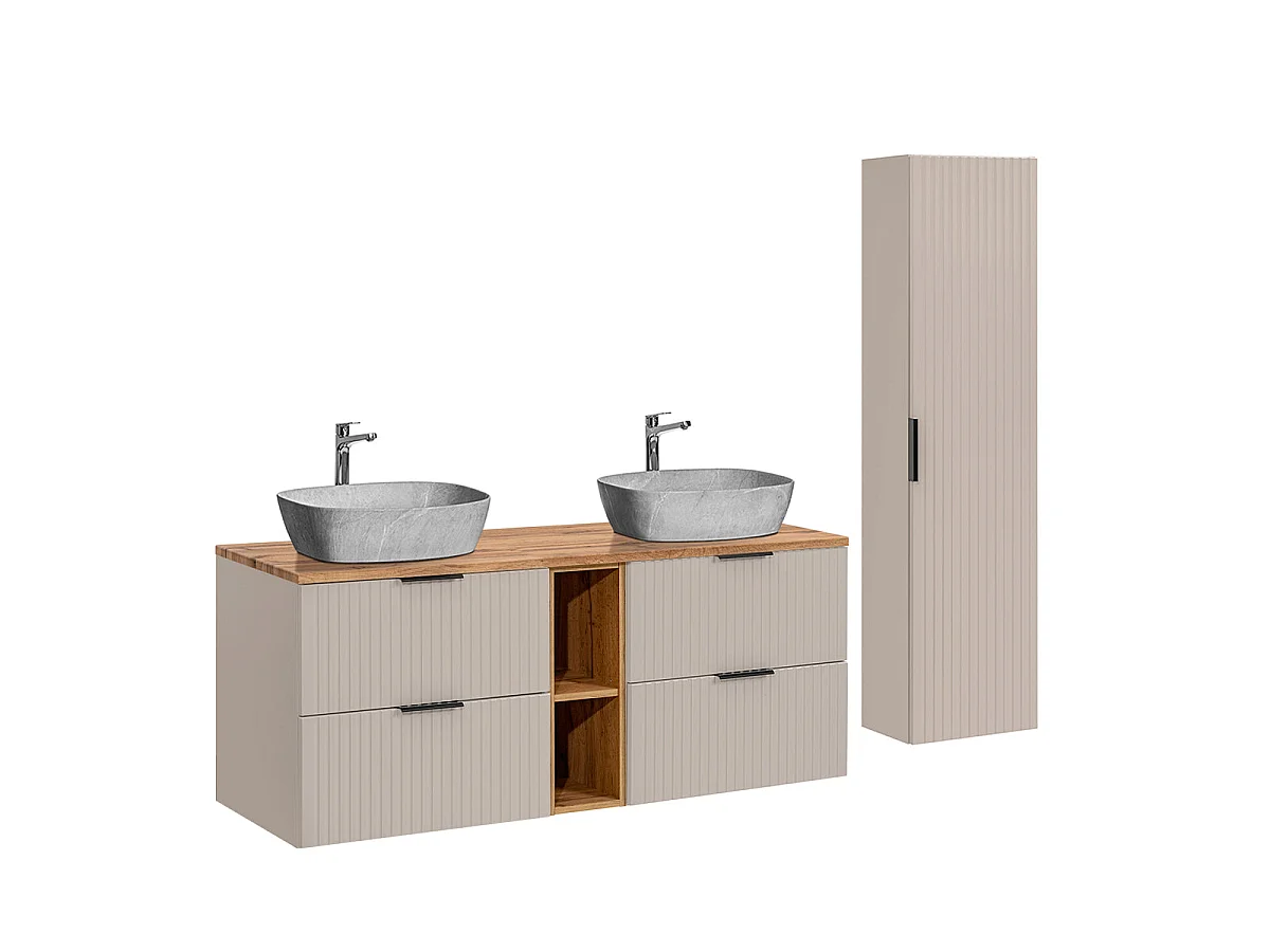 Ensemble meuble double vasque 140cm 2 niches et colonne Adriel Cachemire Bois et effet Pierre