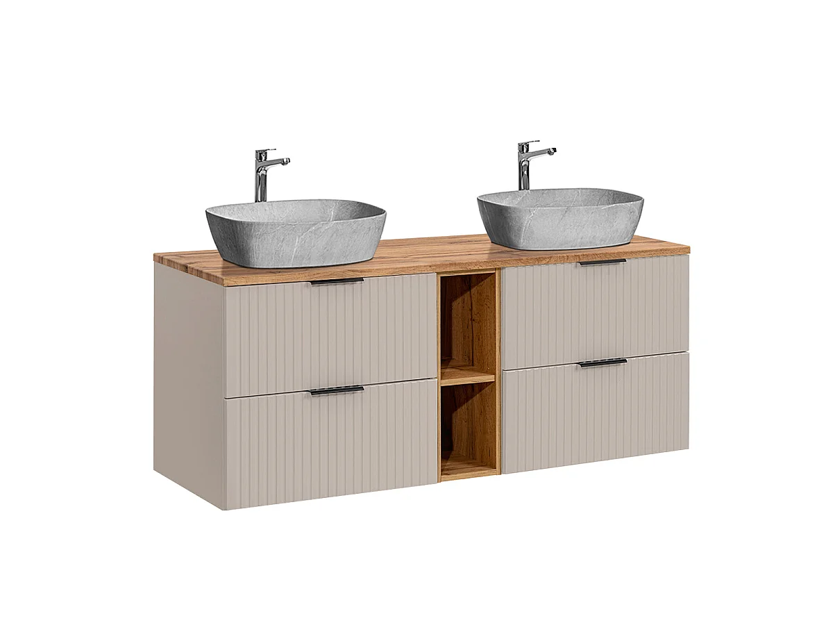 Ensemble meuble double vasque 140cm 2 niches et colonne Adriel Cachemire Bois et effet Pierre
