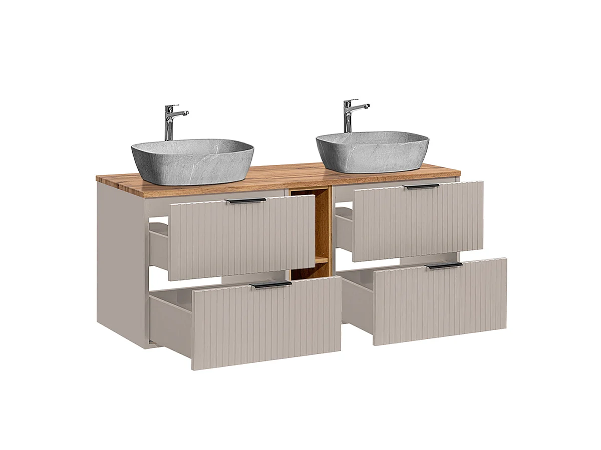 Ensemble meuble double vasque 140cm 2 niches et colonne Adriel Cachemire Bois et effet Pierre