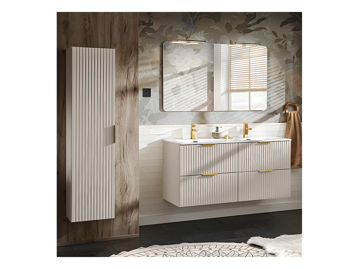 Ensemble meuble double vasque encastrée 120cm et colonne Adriel Cachemire