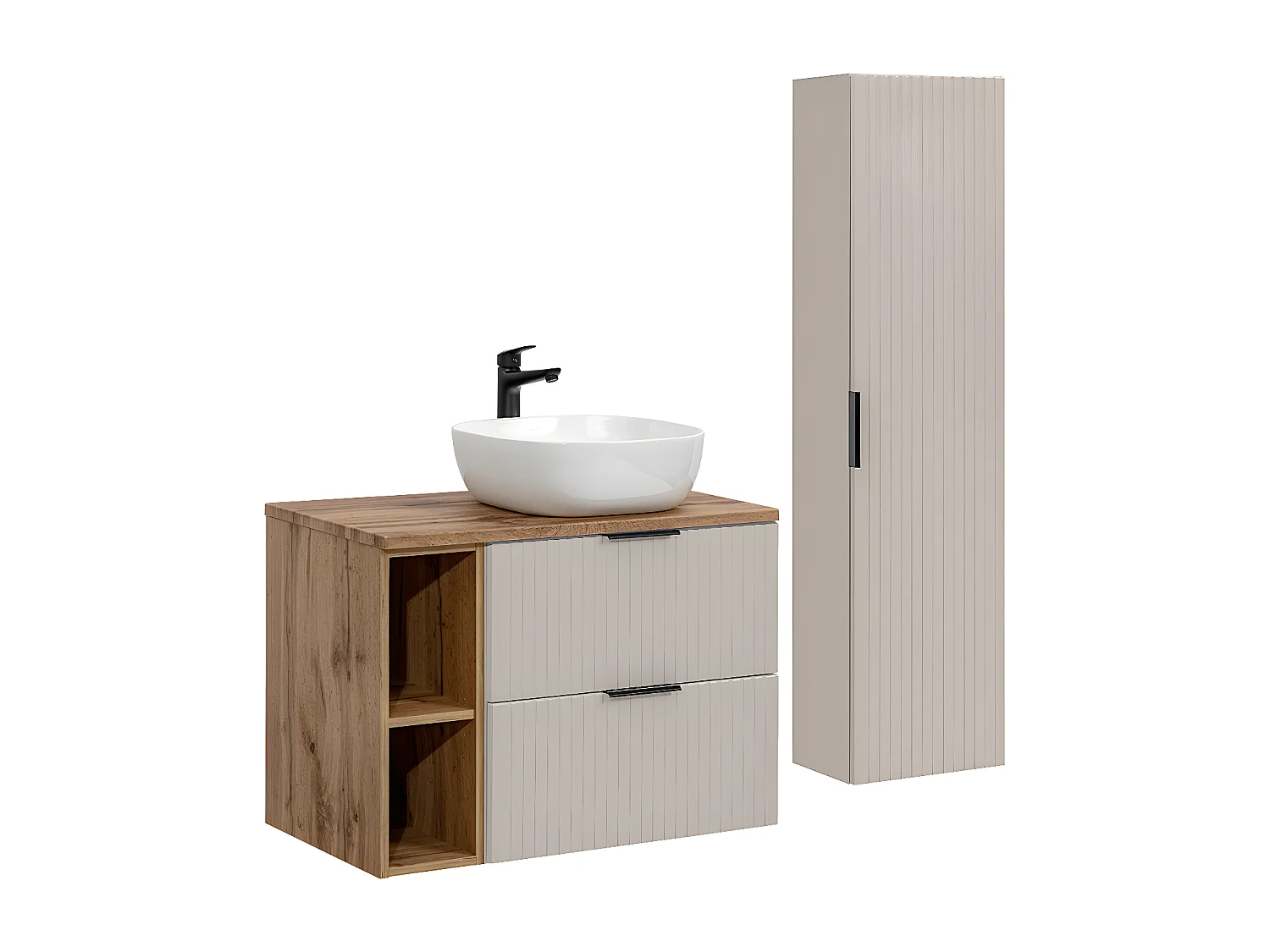 Ensemble meuble simple vasque 80cm 2 niches et colonne Adriel Cachemire et Bois