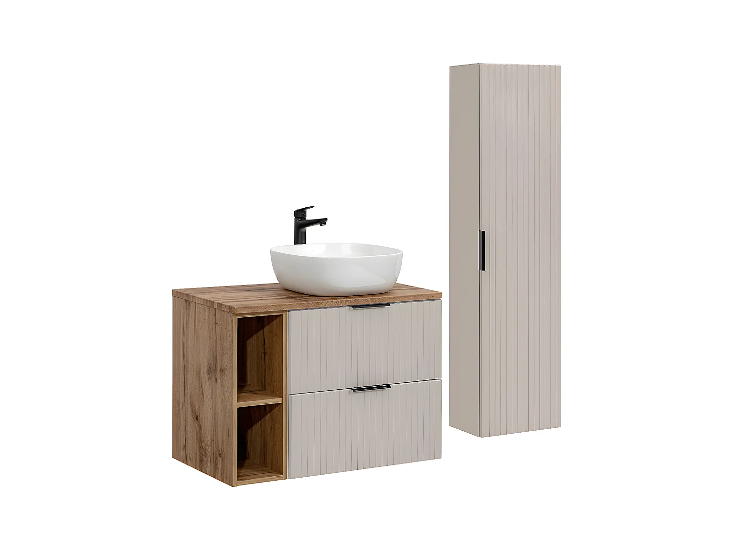 Ensemble meuble simple vasque 80cm 2 niches et colonne Adriel Cachemire et Bois