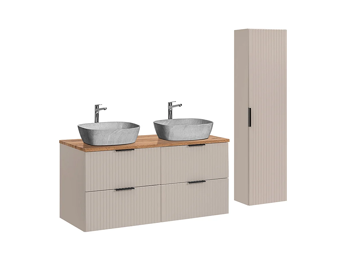 Ensemble meuble double vasque 120cm et colonne Adriel Cachemire Bois et effet Pierre
