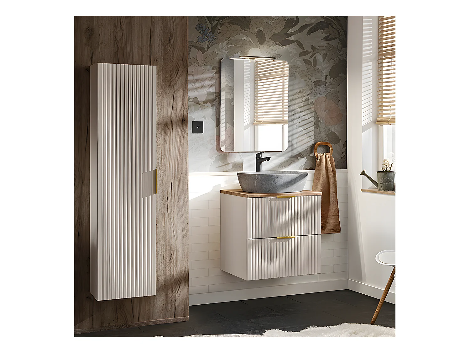 60cm enkele wastafel en Adriel Cashmere badmeubel met hout- en steeneffect