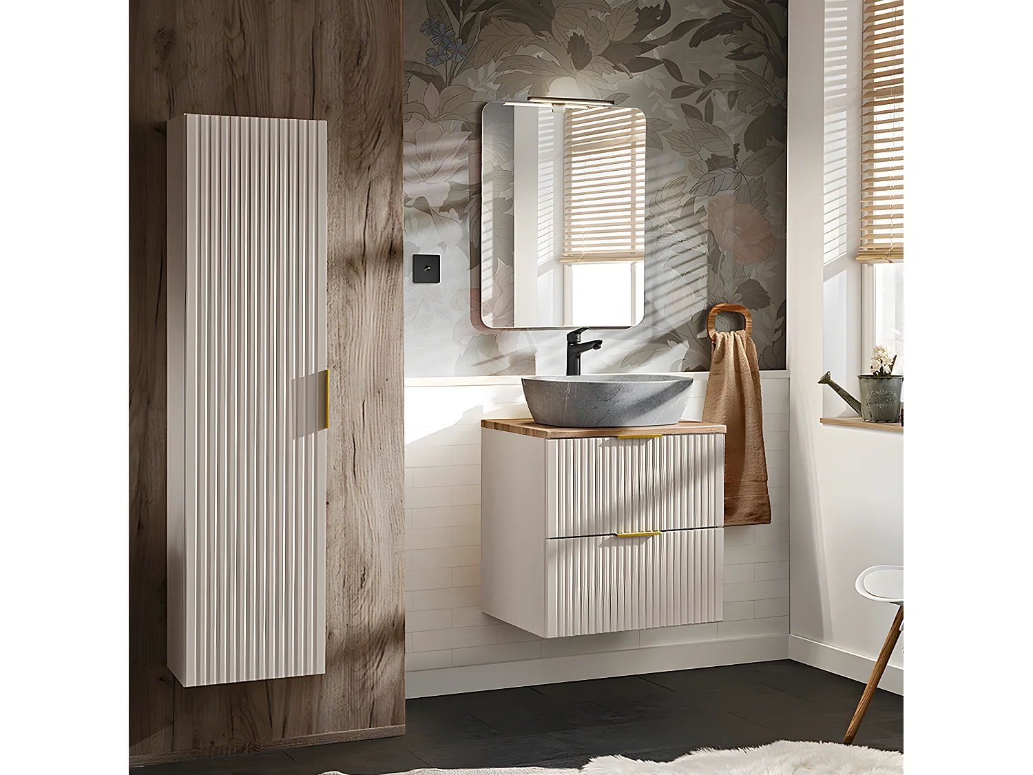 60cm enkele wastafel en Adriel Cashmere badmeubel met hout- en steeneffect