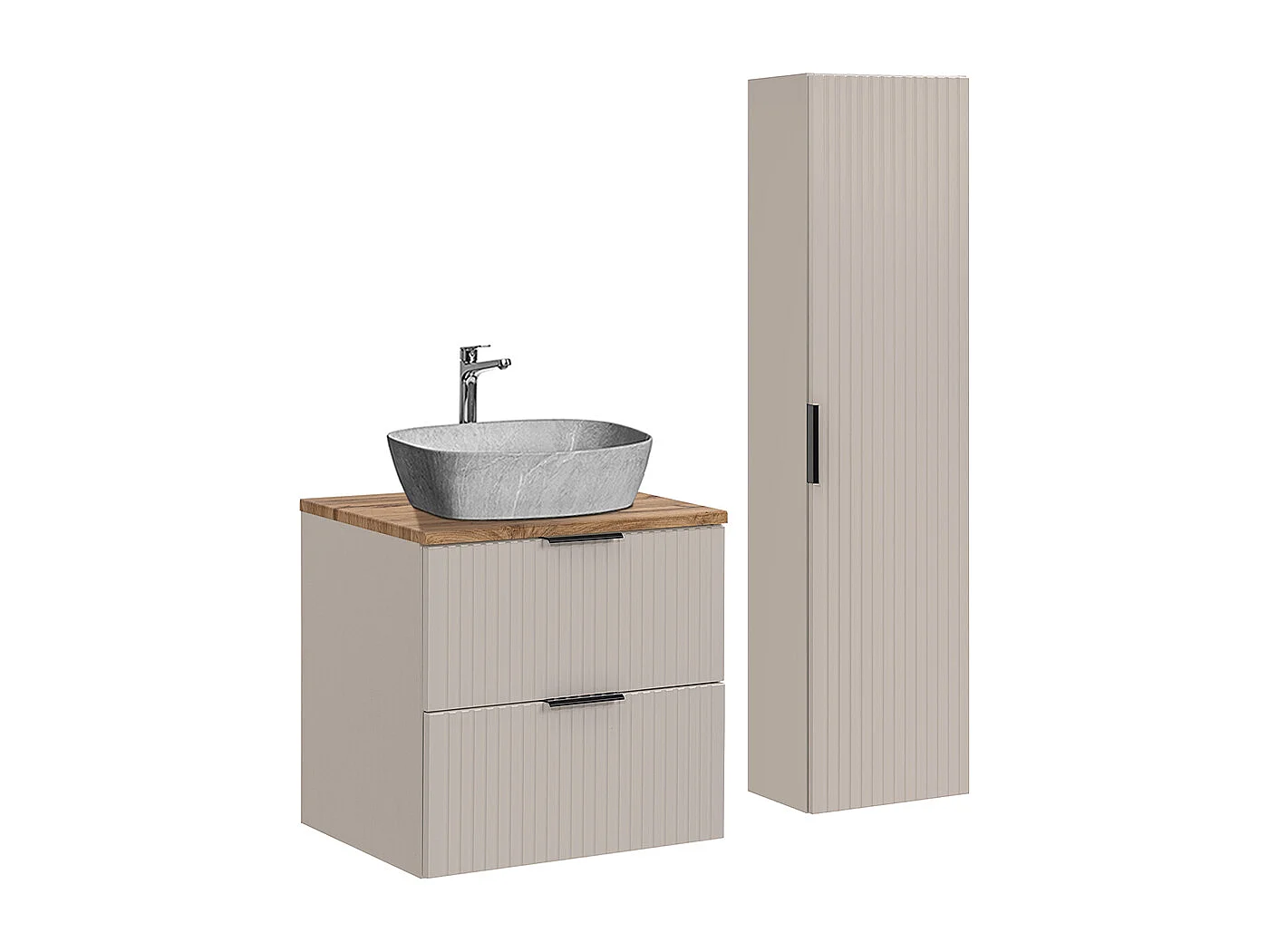 60 cm enkel tvättställsskåp och Adriel Cashmere piedestal i trä- och steneffekt