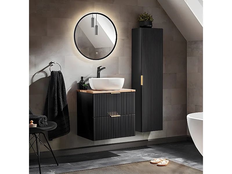 Conjunto de muebles lavabo individual 60cm y columna Adriel Negro y Madera