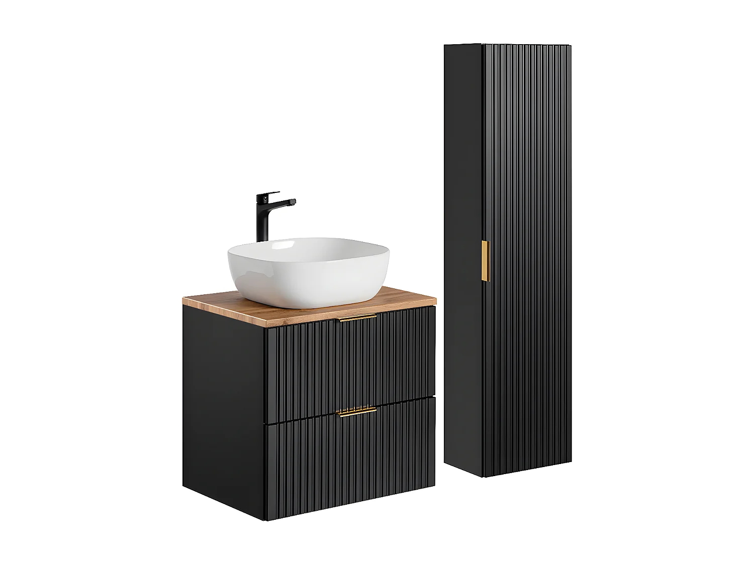Conjunto de muebles lavabo individual 60cm y columna Adriel Negro y Madera