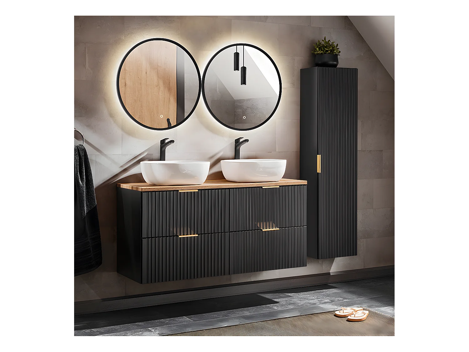 Ensemble meuble double vasque 120cm et colonne Adriel Noir et Bois
