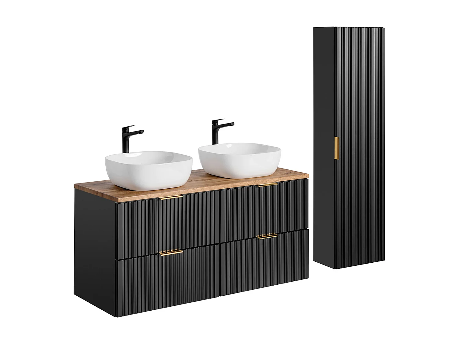 Conjunto de muebles con doble lavabo 120cm y columna Adriel Negro y Madera