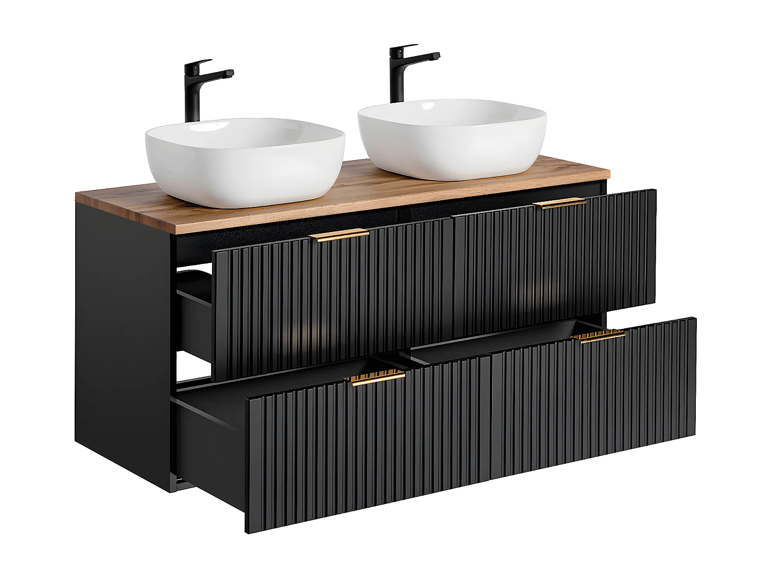 Conjunto de muebles con doble lavabo 120cm y columna Adriel Negro y Madera