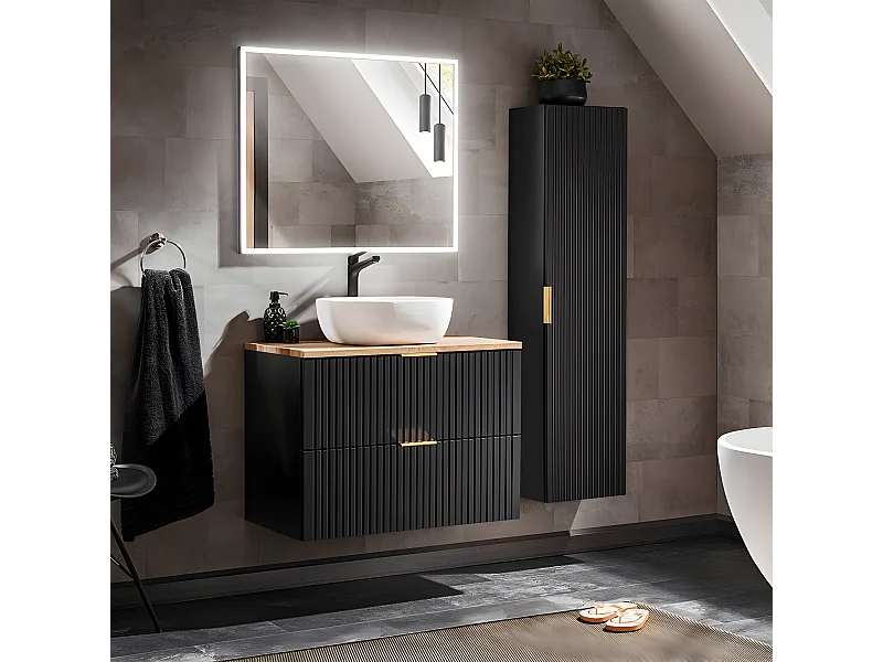 Conjunto de muebles lavabo individual 80cm y columna Adriel Negro y Madera