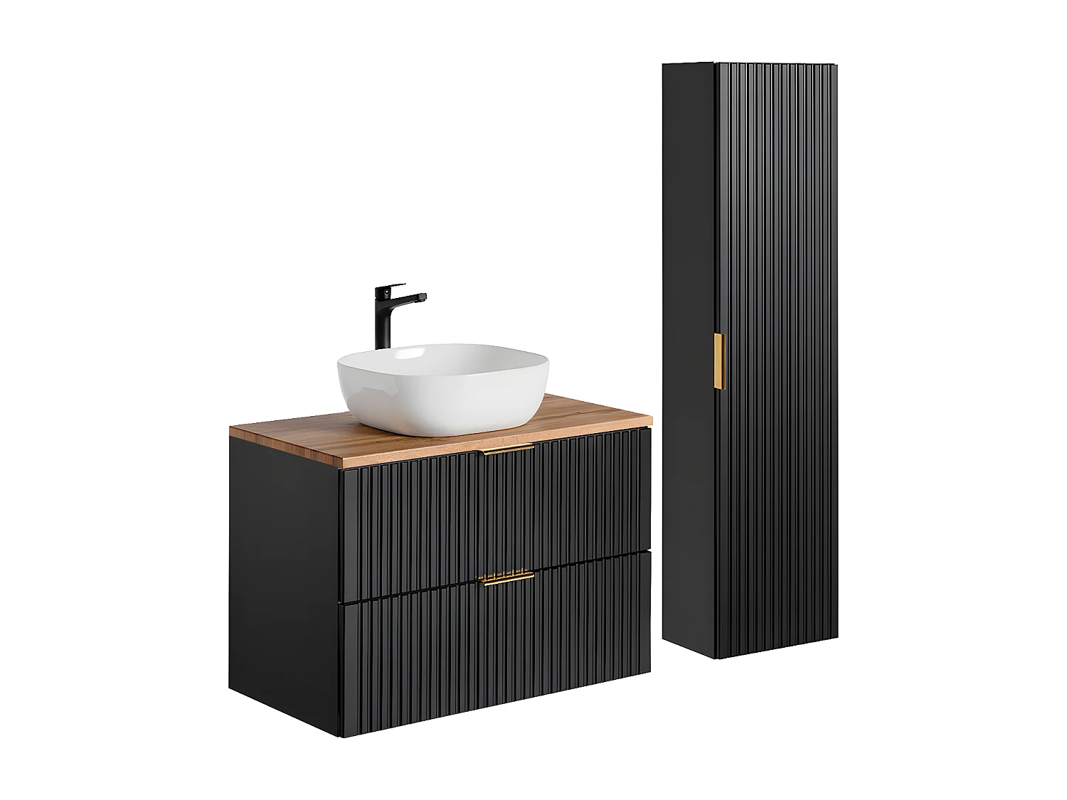 Ensemble meuble simple vasque 80cm et colonne Adriel Noir et Bois