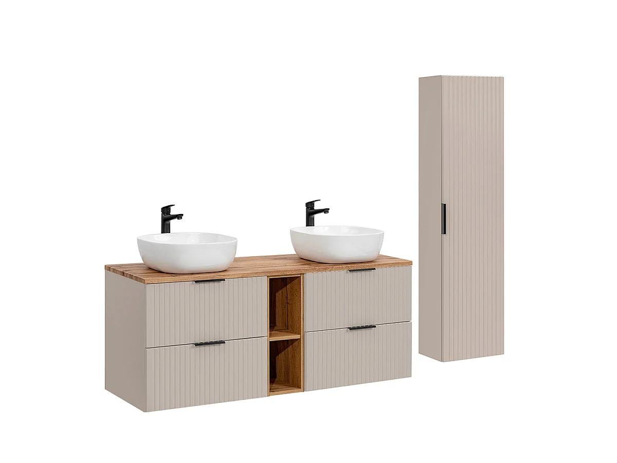 Ensemble meuble double vasque 140cm 2 niches et colonne Adriel Cachemire et Bois