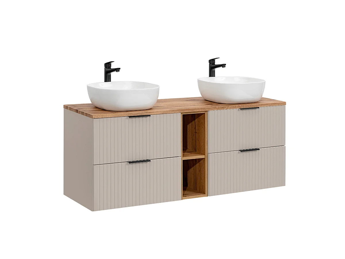 Ensemble meuble double vasque 140cm 2 niches et colonne Adriel Cachemire et Bois