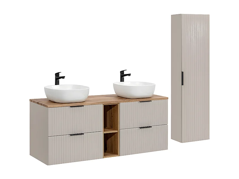 Conjunto de muebles con lavabo doble 140cm 2 compartimientos y columna Adriel Cachemira y Madera