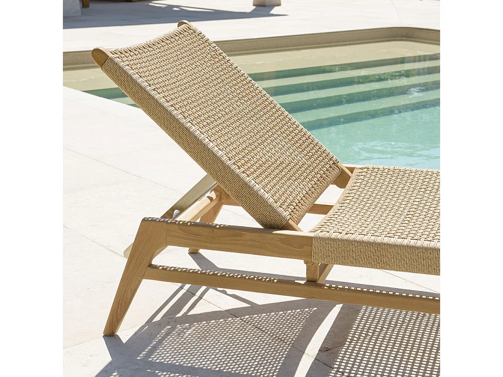 VALERIA - Bain de soleil en bois de teck naturel et rotin beige