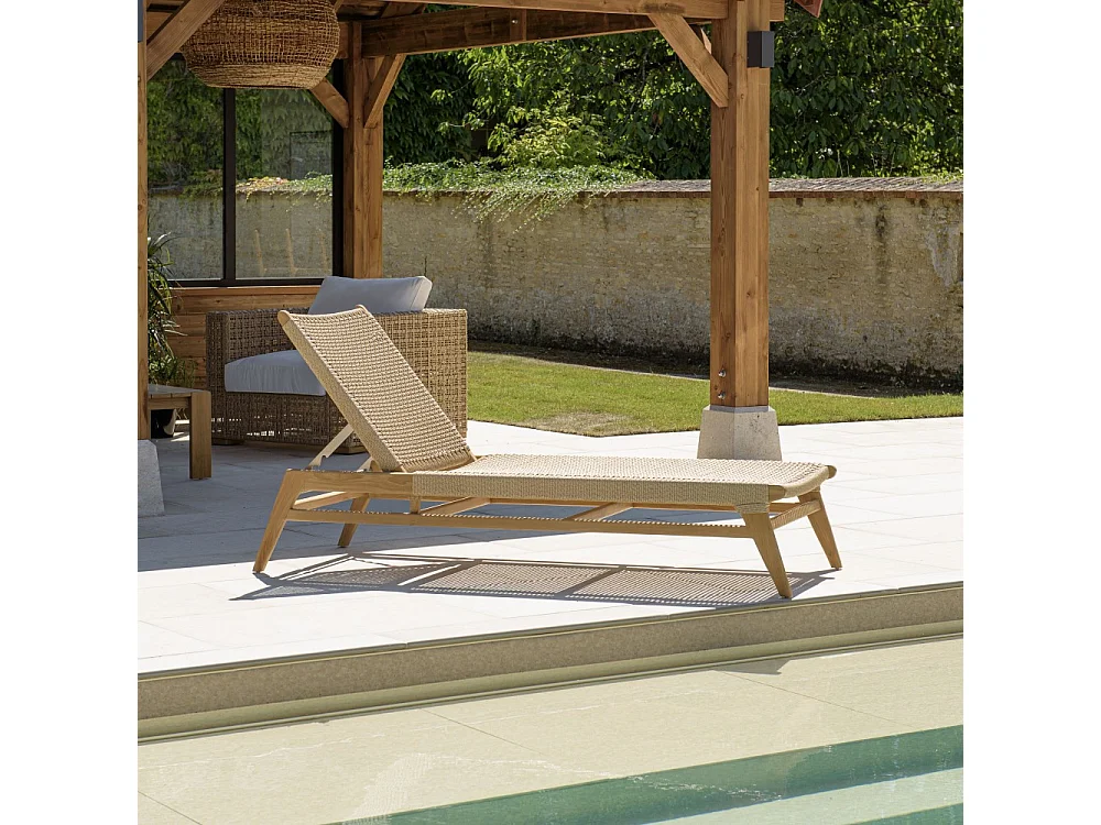 VALERIA - Bain de soleil en bois de teck naturel et rotin beige